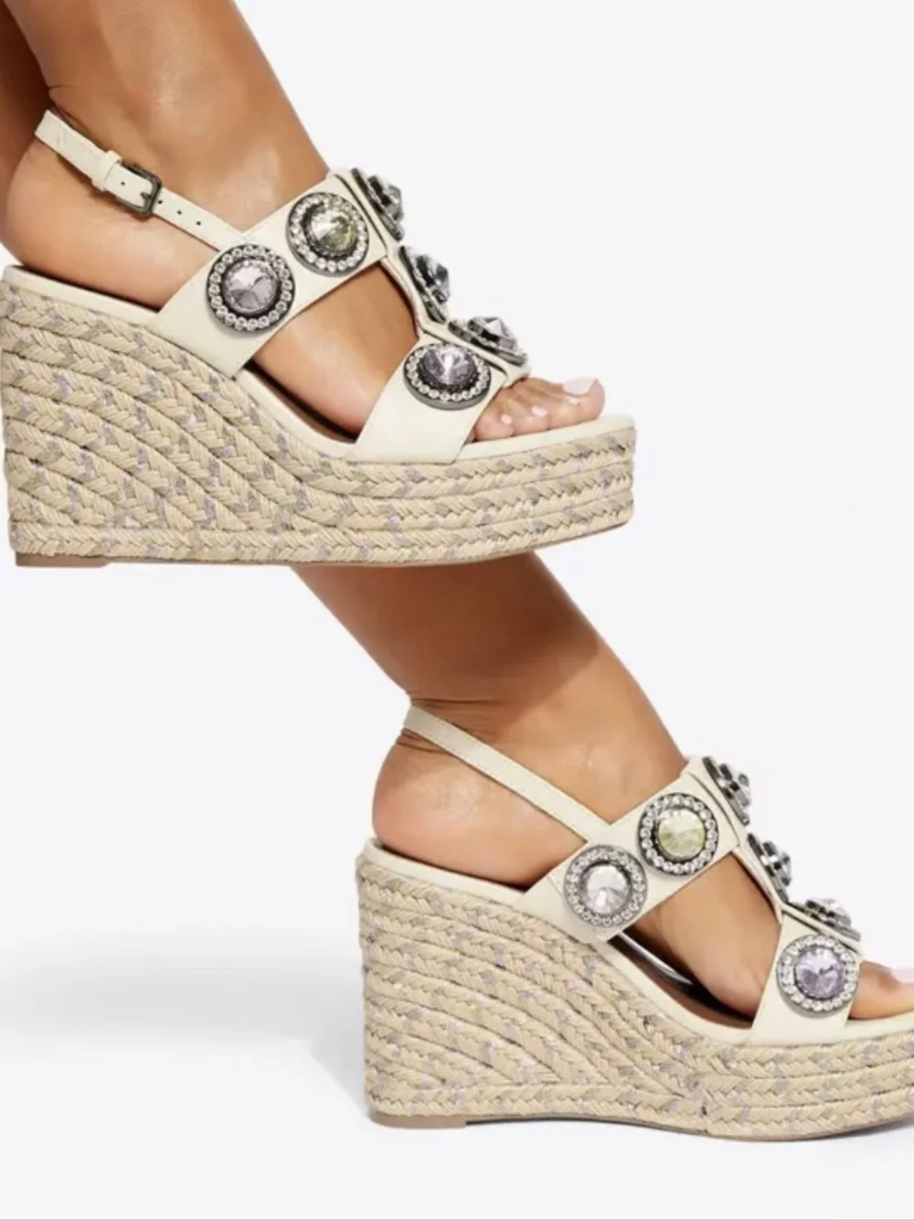 Kurt Geiger Ivory Jeweled Espadrille Wedge Sandals